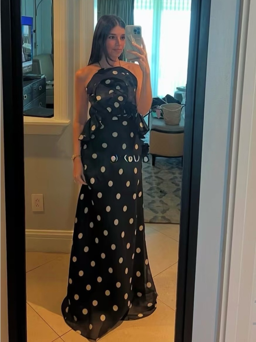 NWOT Zimmermann Silk/Linen Black Polka Dot Halter Evening Gown, Size AU 2 = M